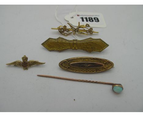 A R.A.F Wings Brooch, stamped "9ct", (3.2cm); An Edwardian seed pearl set swallow bar brooch; a single stone opal set stickpi