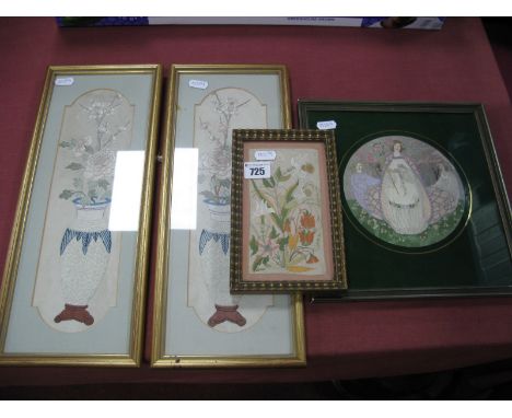 A Pair of XX Century Oriental Embroideries on Silk, worked as vases of flowers; another of three pre Raphaelite ladies in a g
