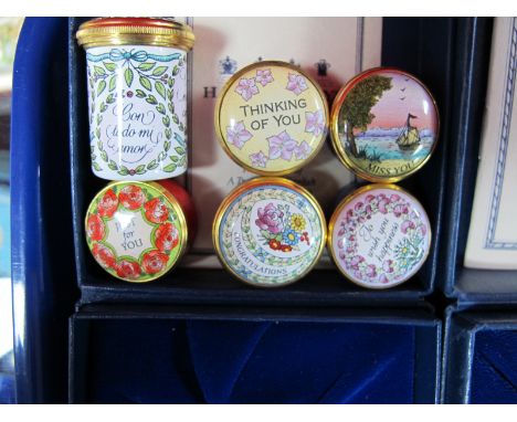 Six Halcyon Days Enamel Trinket Boxes, each with Romantic text and verse, various sizes, all boxed. (6)