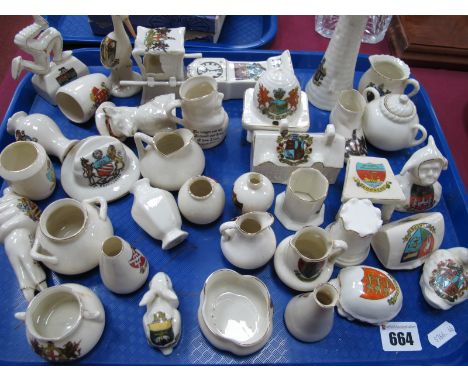 Quantity of Arcadian and Carlton Crested Ware China, including Jester, Grandfather Clock, Beehive, Manx Cottage, approximatel