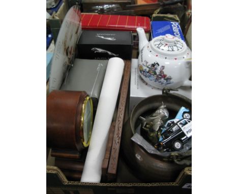 Clocks, Paul Cardin teapot, Polaroid camera, adjustable book rack, etc:- One Box