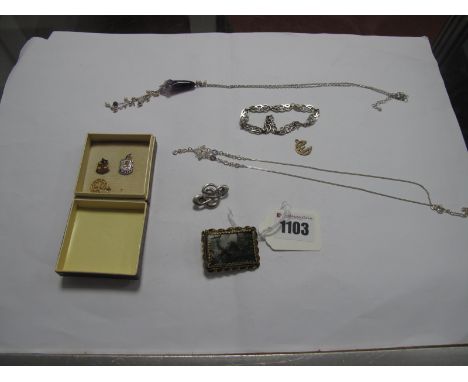 A Modern Flowerhead Drop Necklace, on fine chain, an openwork bracelet, a filigree pendant/necklace, on openwork brooch stamp