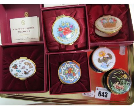 Six Staffordshire Enamels Enamel Trinket Boxes, including an oval 'Butterfly' box and a circular 'Flowers From Shakespeare' b
