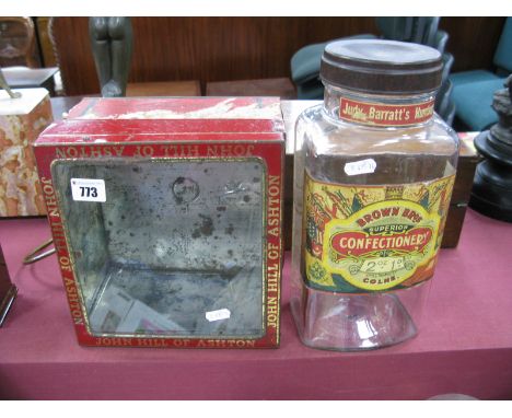 A 'John Hill of Ashton' Shop Biscuit Tin, plus a vintage sweet jar with bakelite lid and two later lemonade bottles (labels).