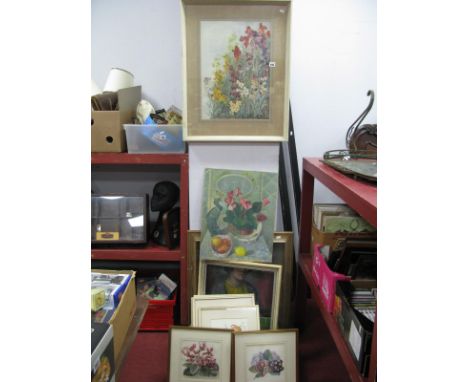 F.D Longden,Summer Flowers, watercolour; plus others by the same artist and an oil on canvas portrait of a young girl holding