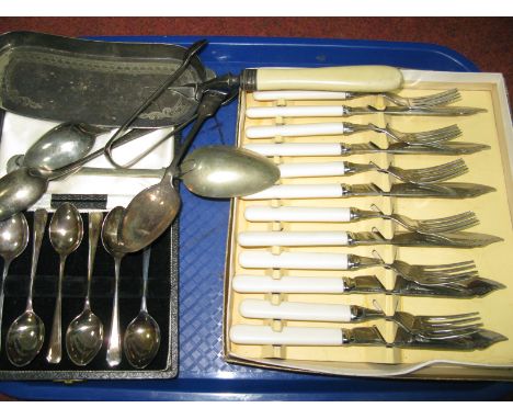 A Set of Six Hallmarked Silver Teaspoons, in a fitted case; boxed fish knives and forks, crumb scoop, sugar tongs, etc.