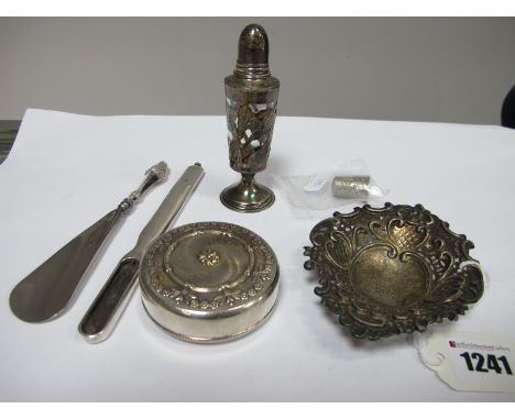 A Decorative Hallmarked Silver Pin/Bonbon Dish, of pierced textured design; a foliate and engine turned pot (stamped marks); 