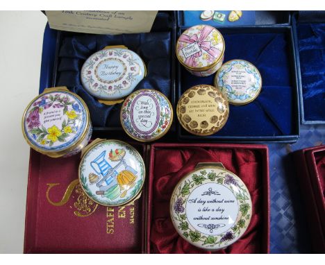 A Crummles Enamel Oval Lidded Trinket Box, painted with Roses and Happy Birthday, a similar circular trinket box and six othe