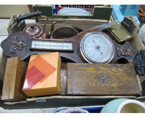 XIX Century Copper Pans, XIX copper kettle, early XX Century Aneroid barometer, musical box, etc:- One Box