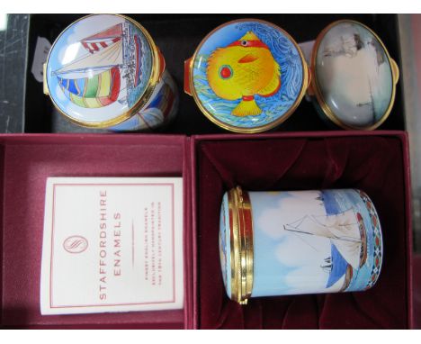 Two Staffordshire Enamels Trinket Boxes, each painted with sailing boat and regatta scenes, 5.5cm high, 4.5cm diameter (one b