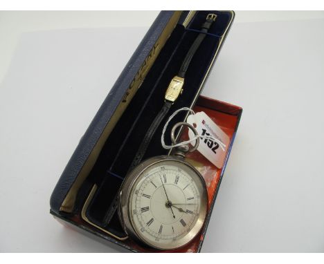 A Continental Cased Openface Chronograph Pocketwatch, within engine turned case, stamped "0,935"; A 9ct Gold Cased Ladies Wri