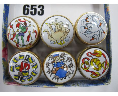 Six Crummles Circular Miniature Enamel Boxes, each from The Twelve Days of Christmas - 5 Gold Rings, 6 Geese Laying, 7 Swans 