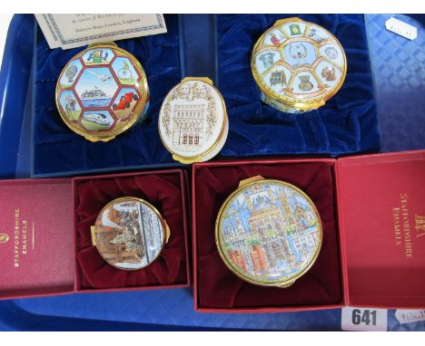 A Halcyon Days Circular Enamel Trinket Box, 'The Travel Box', limited edition No. 110/1000 and 'Works of Art', limited editio