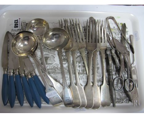 Four Assorted Hallmarked Silver Sauce Ladles, initialled and crested, a part set of plated fiddle pattern table forks (creste