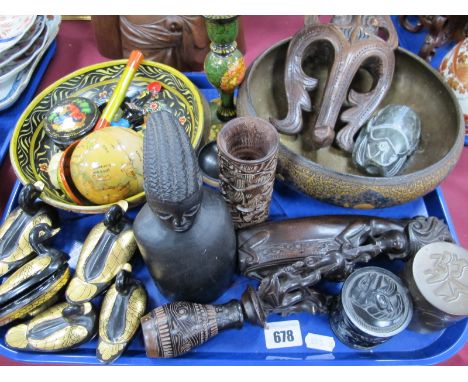 African Carved Hardwood Bust, 16cm high, grotesque mask, trinket boxes, etc:- One Tray