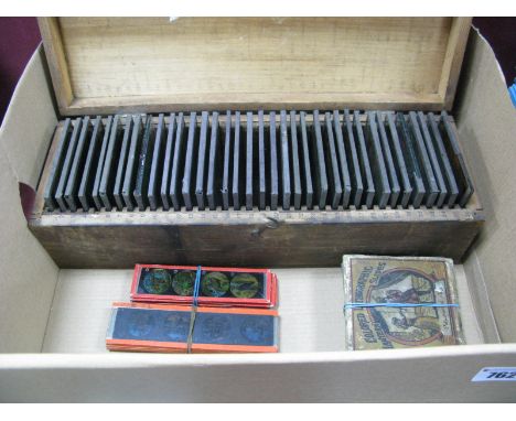 A Large Quantity of Coloured Magic Lantern Slide inn Box, a set of eight nursery rhyme slides, plus smaller examples.