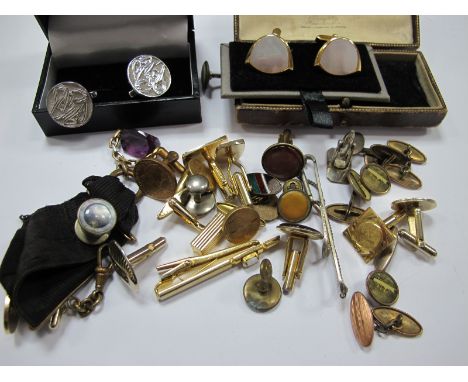 A Small Selection of Vintage and Later Gent's Cufflinks, a fob style pendant, on ribbon with swivel style clasp.