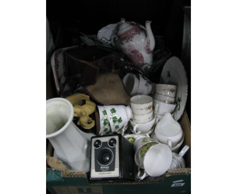 Radford Vase, Ridgway coffee pot, glass fish, Colclough Ivy tea ware, Noritake and other ceramics, camera, model elephants:- 