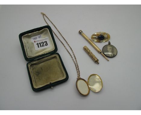 An Oval Locket Pendant, allover floral design, stamped "9ct Back &amp; Front", on belcher link chain, stamped "9ct" to clasp,