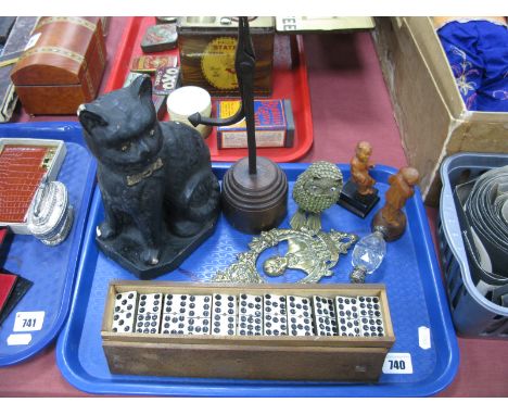 Twin Salts Bottle, carved wooden Chinese figures, rush light, pottery cat, bone and ebony dominoes set of fifty five nine spo