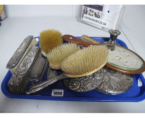 Assorted Hallmarked Silver Backed Brushes and Hand Mirrors, (damages) a wooden hand mirror, lidded glass trinket pot and a ha