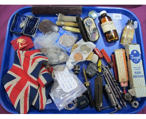 A "Hughes's Pocket Balance", three folding pen knifes, a folding cut throat razor, three Union Jack flags, an assortment of c