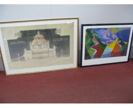 A David Hockney Art Print of Mountains, framed, 46 x 70, together with one other print of Pavaillion-Des-Kundk Allerhochsten-