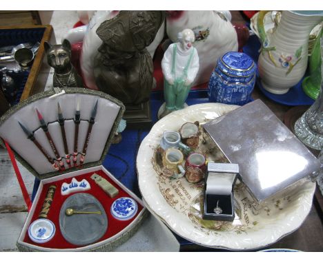 Silver Ring, plated cigarette box, Ringtons tea caddy, figurine, Chinese artist set, plates, mini character jugs, etc:- One T