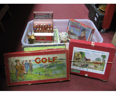 A Box of Vintage Games, golf, etc; plus a child's toy till.