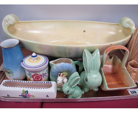 Sylvac Gondola Shaped Bowl, green rabbits, Poole pottery preserve pot and flower trough, B&amp;G Denmark Lofoten vase:- One T