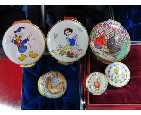 Two Halcyon Days Beatrix Potter Themed Enamel Boxes, two Crummles Walt Disney trinket boxes, a Staffordshire Enamels Winnie t