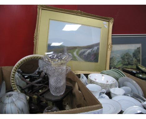 Royal Albert "Forget Me Not" Part Tea Service, kitchen scales, light shades, etc:- Two Boxes; together with a watercolour of 