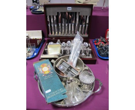 A Decorative Glass Salt and Pepper, each etched glass bottle with hallmarked silver top, "Rolex" souvenir spoons, three piece