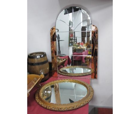 A Vintage Wall Mirror, with an arched top, with side panels with etched flowers, 61cm w x 92cm h , together with a gilt circu