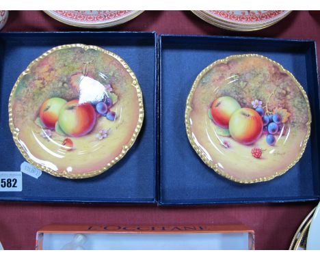 P.Platt Hand Painted Royal Worcester Cabinet Plates, featuring fruit, within wavy gilt border, 15cm diameter.