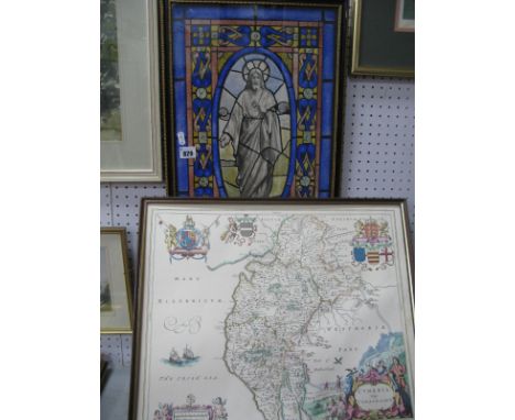 Continental School, study of a Religious window panel, watercolour 49.5 x 31cm. Map of Cumbria after John Blaeu. (2)