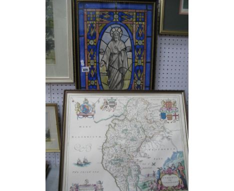 Continental School, study of a Religious window panel, watercolour 49.5 x 31cm. Map of Cumbria after John Blaeu. (2)