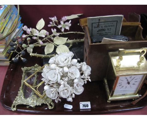 R Van Ruyckevelt St Denis Bramble Sculpture A109, on marble base, shell posy, Taylor and Bligh brass quartz carriage clock, S