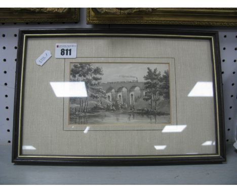 W. Lowe, Watercolour of Wardsend Viaduct (Herries Road, Sheffield), of a steam engine on the viaduct, children fishing in a p