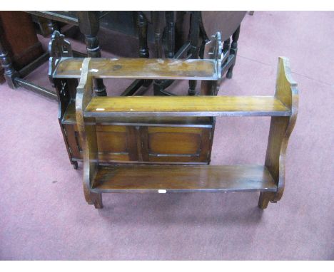 Early XX Century Mahogany Wall Hanging Cabinet, with a single shelf, cupboard doors; together with oak, pine wall shelves. (2