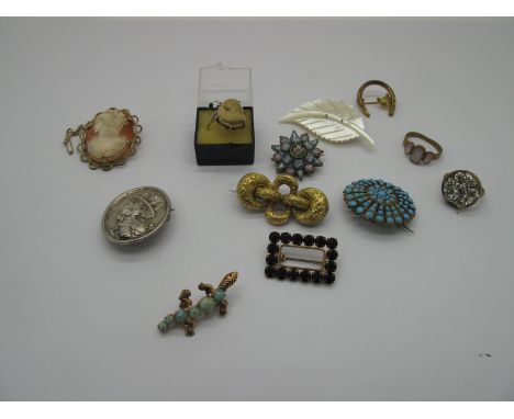 A Vintage Micromosaic Brooch, of flowerhead design, (with losses), a shell carved cameo style brooch, claw set, within open w