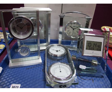 Five Modern Glass Mantel Clocks, boxed, a clock/thermometer, boxed. (6)