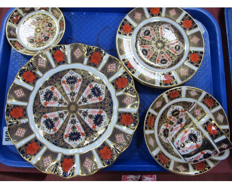 Royal Crown Derby 1128 Imari Pattern Plate, with wavy rim 22cm diameter, two plates 16cm diameter, small dish, cup and saucer