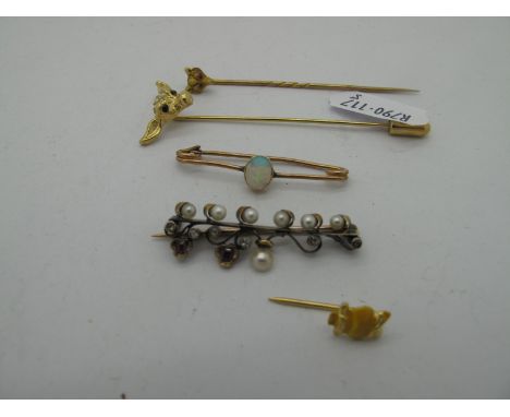 A Victorian Style Bar Brooch, of open work design, pearl set, with stone set highlights, a cabochon collet set stock pin, a s