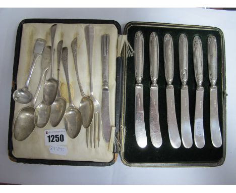 Assorted Hallmarked Silver Teaspoons, a cased set of six hallmarked silver handled tea knives, a further knife, a hallmarked 