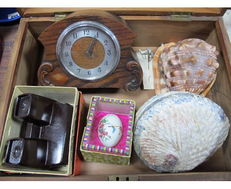 A XIX Century Box, 1920's oak mantel clock, Viewmaster, conch shell.