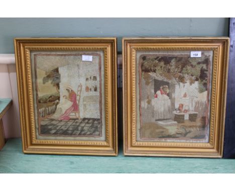 A pair of 19th Century silk and wool work pictures of a lady doing needlework and a bearded man smoking a pipe, 14" x 11"