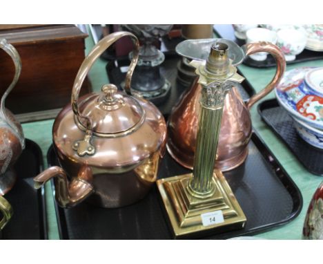 An Edwardian brass Corinthian column table lamp, a 19th Century seamed copper kettle plus a 1/2 gallon copper harvest measure