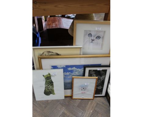 A brass Corinthian column table lamp, cat and other pictures plus a carved oak column