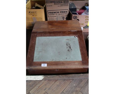 A Victorian mahogany writing slope, brass pan scales and weights plus two oak biscuit barrels